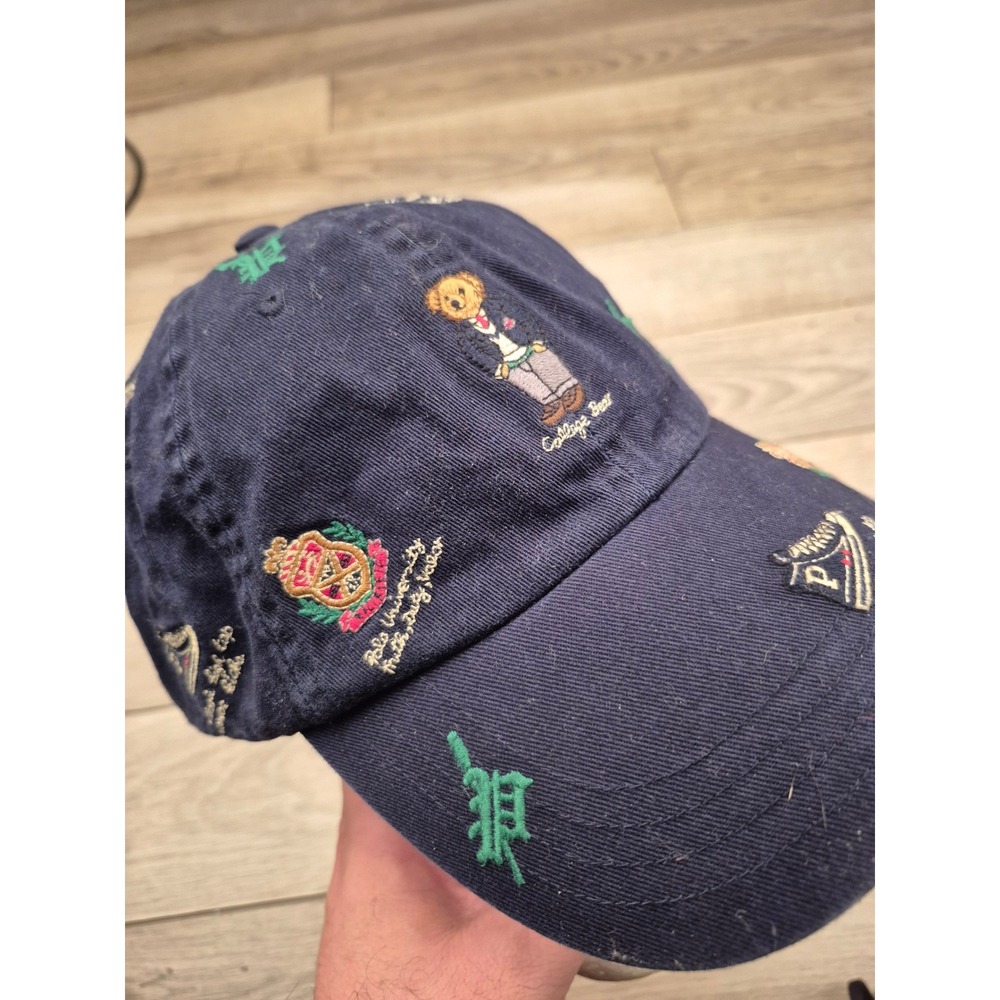 Polo Ralph Lauren College Bear Crest All Over Embroidery Navy Blue Hat Mens OS - Picture 11 of 14